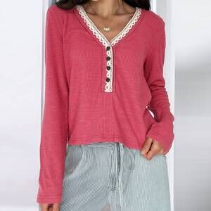 NEW POL lace-trim henley top in raspberry